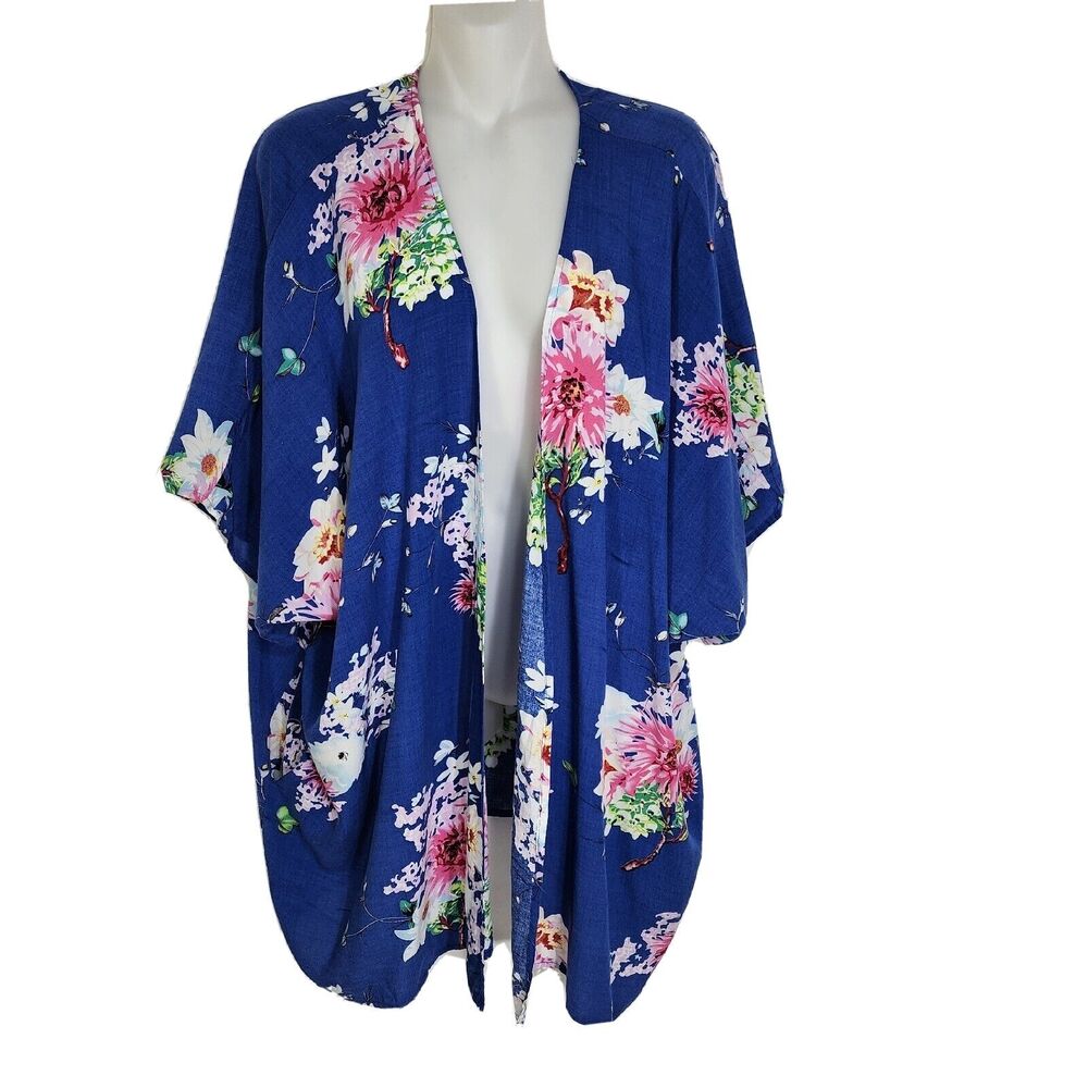 Davi &Dani Womens Kimono Large Floral Blue Pink Short Sleeve Open Front Pockets